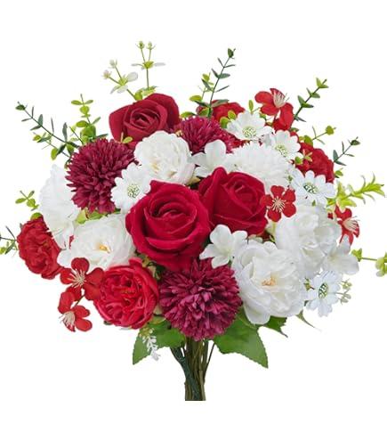 Artificial Flowers Red Artificial Silk Flowers 11.8in Fake Rose Mums Bouquet Summer Flowers Arrangements Cemetery Grave Flowers for Wedding Home Indoor Table Centerpieces Vase Decor
