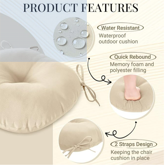 downluxe Bistro Chair Cushions for Patio Furniture, Water-Resistant Round Outdoor Chair Cushions Set of 2 with Non-Slip Ties, 15" x 15", Beige