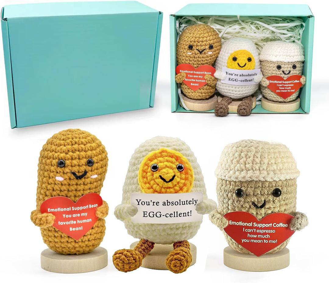 3PC Mini Funny Positive Potato, 3 inch Knitted Doll with Positive Card for Cheer Up Gifts and Party Decorations, Cute Positive Crochet Doll for Birthday Gifts (Coffee Bean+ Coffee Cup+ Egg)