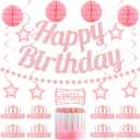 Happy Birthday Party Decorations Set Pre-Strung Pink Glitter Banner Paper Crown Star Garland Cake Topper Hanging Swirls Tissue Pom Poms Birthday Party Supplies