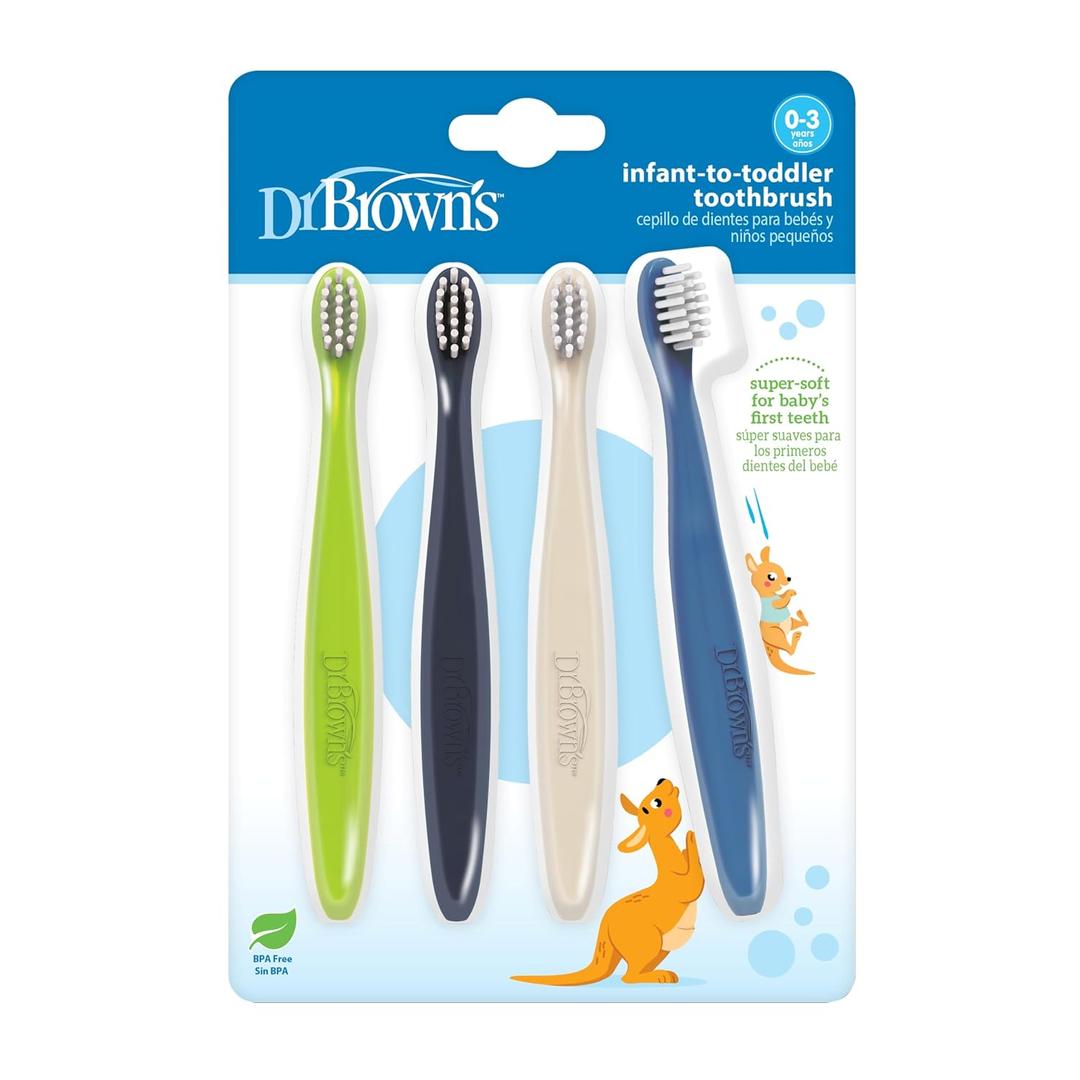 Dr. Brown's Infant-to-Toddler Toothbrush Set, Soft & Gentle Manual Toothbrushes for Baby, Green/Dark Blue/Ecru/Blue, BPA Free, 0-3 Years 4-Pack