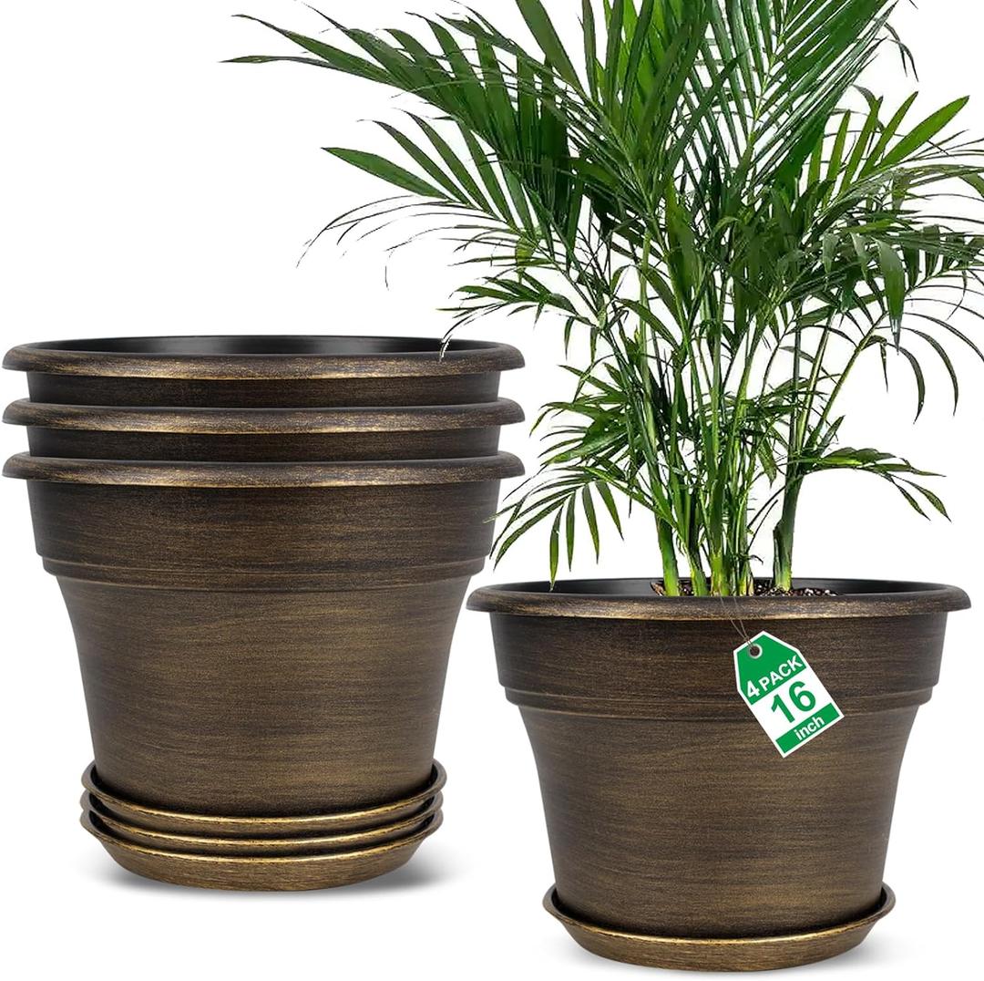 16 inch Plant Pots Outdoor Planters4 Pack Large Plastic Flower Pot for Indoor Plants with Drainage Holes & Saucer, Resin Decorative Container Sets with Trays for House Outdoor Garden Plant Dark Gold