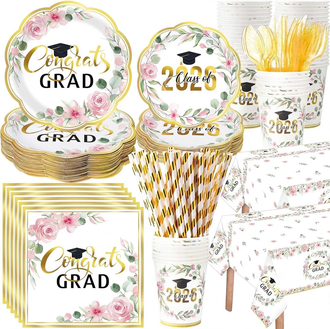 Funnymoom 452 Pcs Class of 2026 Pink Floral Graduation Decoration Party Supply for 50, Pink Gold Congrats Grad Paper Plates Napkins Cup Tablecloth Cutlery Straw for Freshly Graduated Decoration