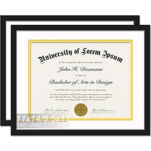 Black 11 x 14 Diploma Frame Set of 2, Display Document 8.5x11 with Mat or 11x14 Without Mat, Certificate Frame with White&Gold Mat for Masters Associates Bachelor Degree - 2 Packs