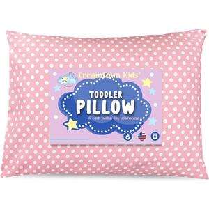 Toddler Pillow & Pillowcase, Hypoallergenic, Made in USA, Soft & Breathable, Ideal for Naps, Bed, Daycare and Travel, for Boys and Girls Ages 2+, Pink Polka Dot