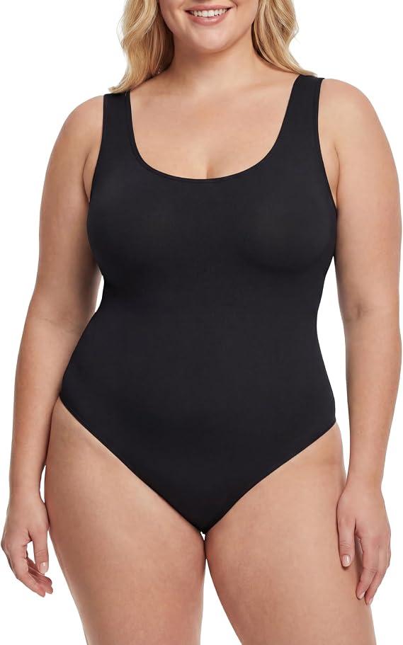 Plus Size Tank Top Bodysuit Women Square Neck Button Thong Double Lined Body Suit Stretchy Backless Bodysuits S