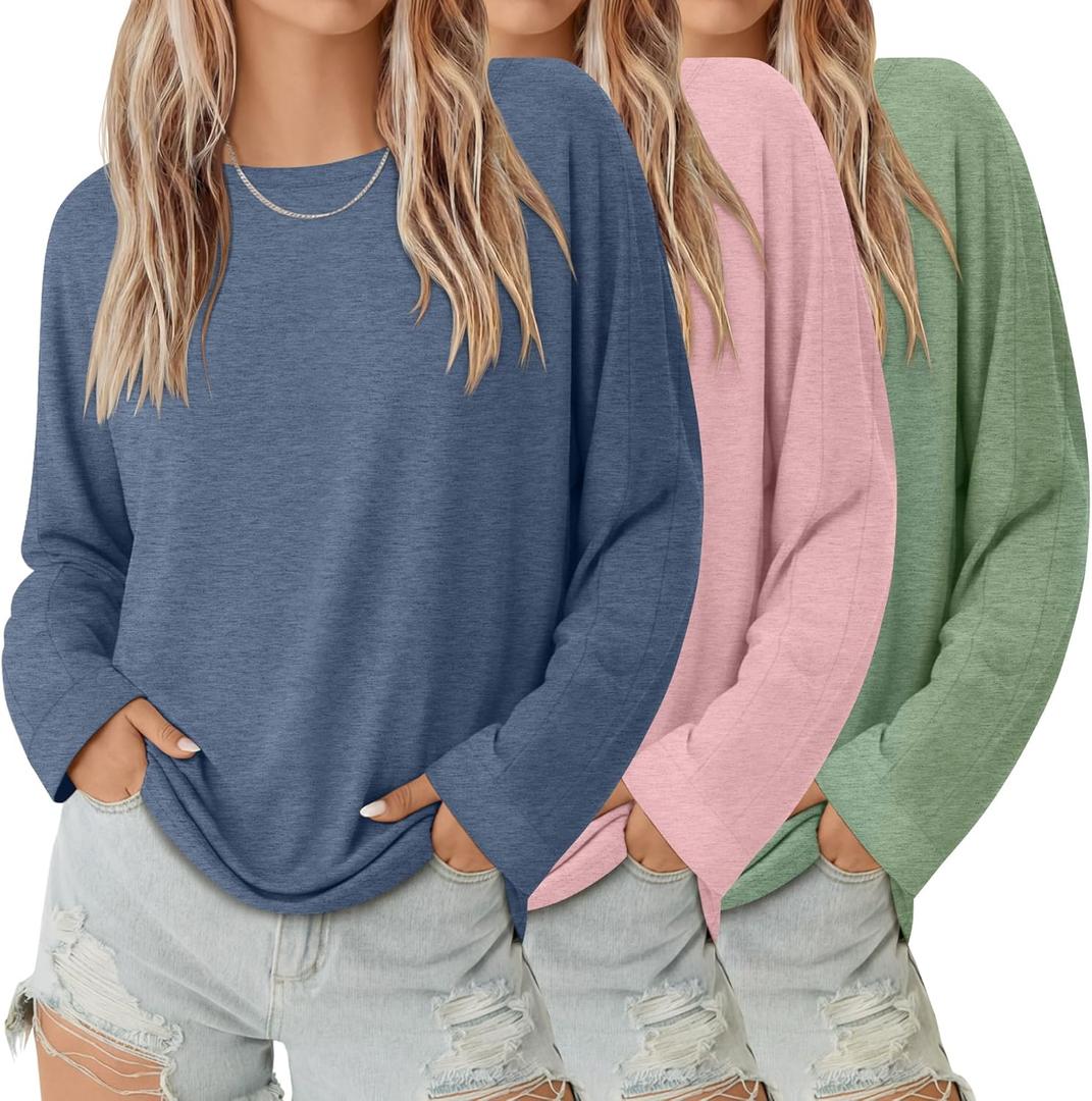 3 Pack Women's Oversized Y2K T-Shirts Crew Neck Long Sleeve Tops Loose Basic Tees Casual Workout Tees 2026 (Medium, Pink, Haze Blue, Light Green)