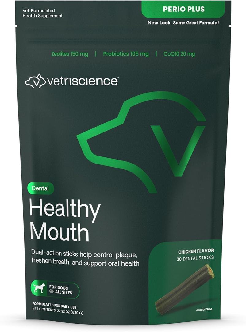 VetriScience Healthy Mouth Dental Chews, Perio Plus Sticks for Dogs, with Probiotics, Spirulina & Zeolites, Breath Freshening, Plaque & Tartar Control, Chicken, 30 Count