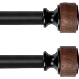 Wood Curtain Rods for Windows, Heavy Duty Adjustable Curtain Rod, 1-Inch Diameter Decorative Drapery Rod with Faux Wood Grain Finials, Black with Walnut, Modern Luxe Design (18"- 45" | 2PACK)