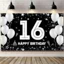 16th Birthday Decorations for Boys Girls - Fabric 16 Year Old Birthday Backdrop Banner, Yard Sign, Photo Props, Door Decor - Black White Silver Birthday Party Supplies for Outdoor Indoor