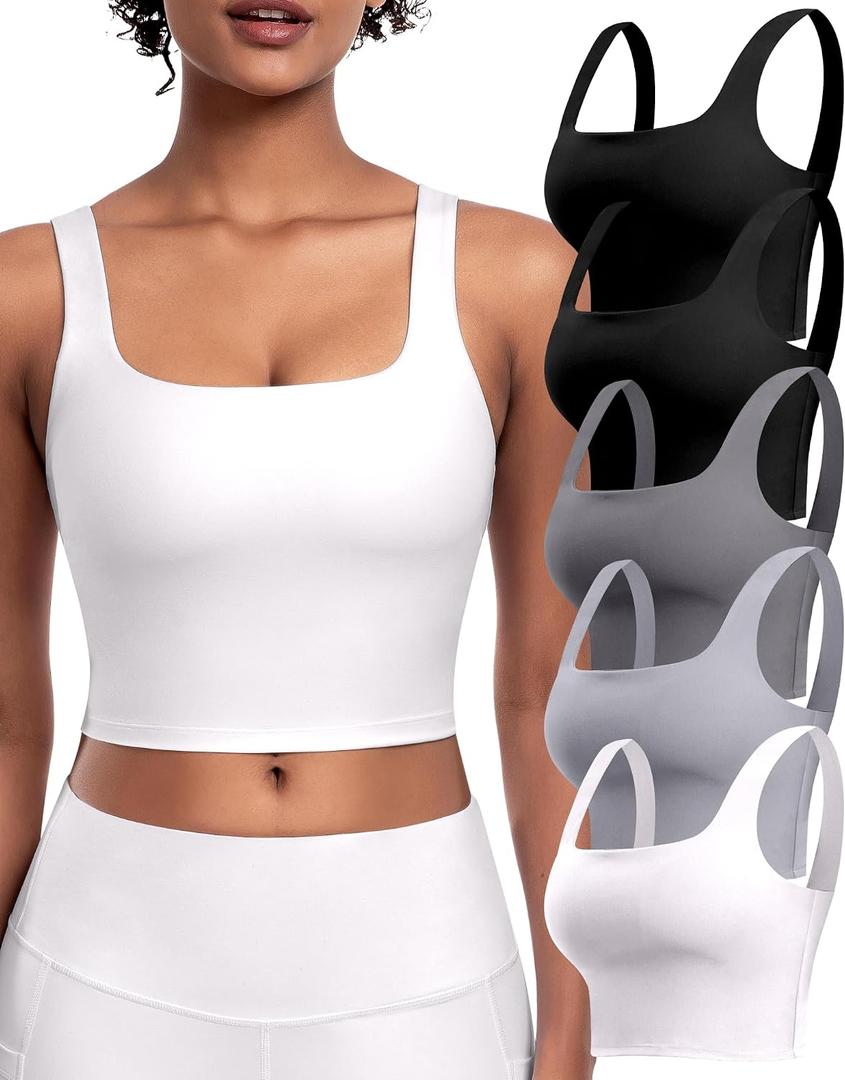 Womens Sports Bras 5 Packs - Square Neck Longline Workout Crop Tank Tops Padded Yoga Camisole with Built in Pads (L)