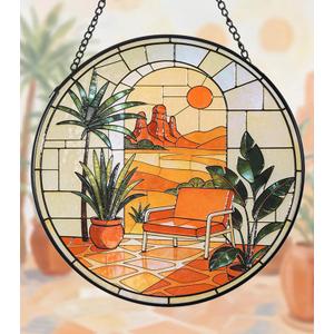 3 x Stained Glass Window Hanging,20cm/7.87inch Desert Sunset Suncatcher with Chain Garden Diamond Glass Panel Hangings Decoration for Windows Home Decor Gifts for Family Friends Colleagues