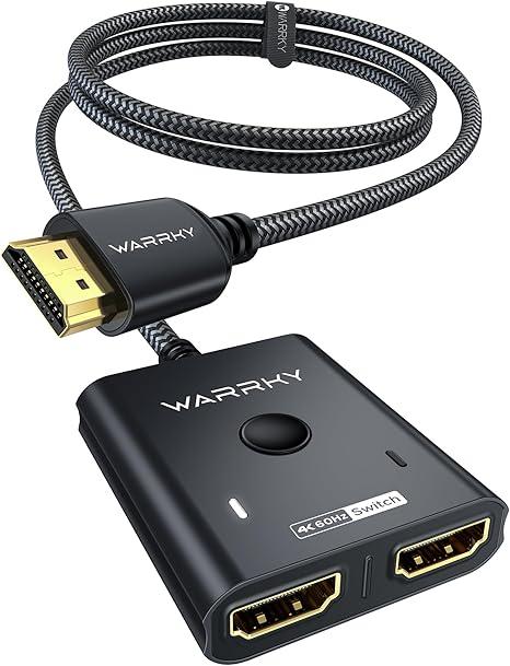 HDMI Switch 2 in 1 Out 4K@60Hz, WARRKY[with 3.3ft Fixed Braided HDMI Cable, Aluminum Case, 2K@144Hz, HDCP 2.2] Bidirectional 2x1 Switcher Splitter Compatible for PS5/4, Xbox, Roku, FireStick, Switch (Grey)
