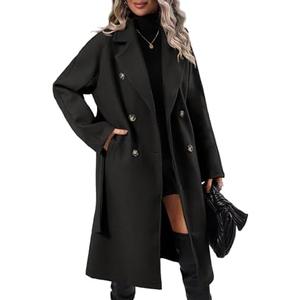 Danedvi Women Elegant Wool Pea Coat Lapel Collar Double Breasted Mid-Long Winter Overcoats with Belted Pockets One Size