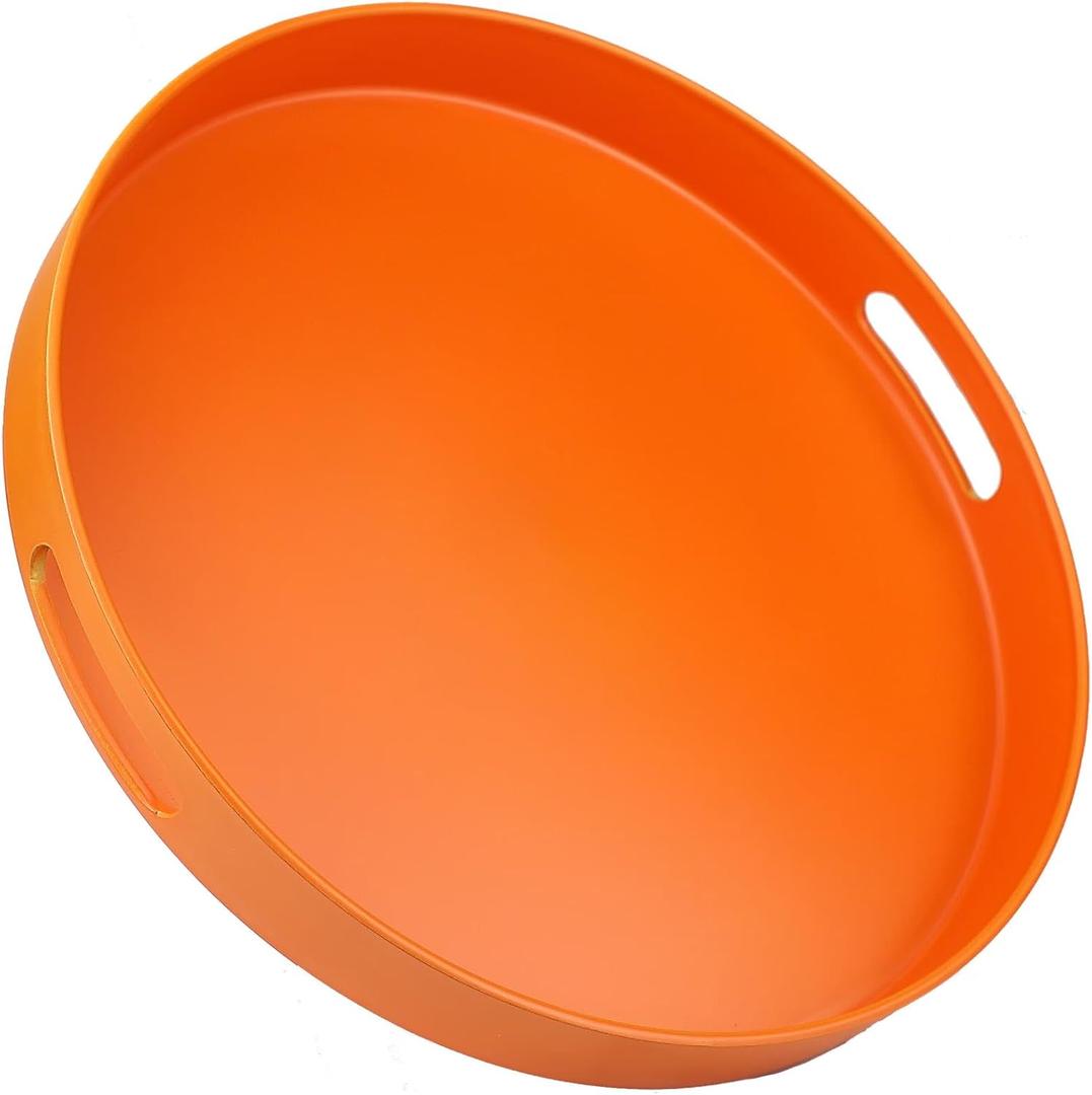 Round Orange Decorative Serving Tray with Handles, 13 Versatile Ottoman Tray for Coffee Table, Entertaining, Outdoor Patio, Living Room