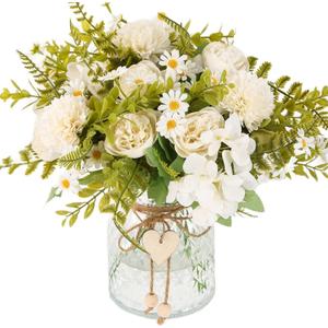 Kimura's Cabin Artificial Flowers with Vase Silk Peonies Fake Flowers in Vase Hydrangeas Faux Flower for Office Home Table Centerpiece Bathroom Arrangement Decorations(White)