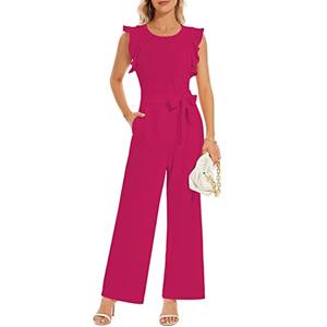BSXIJIE Women’s Summer Causal Crew Neck Jumpsuits Ruffle Cap Sleeve Belted High Waist Wide Leg One Piece Pants Romper XJ1044 fuchisa XL