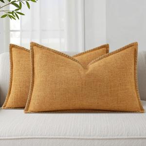 decorUhome Summer Decorative Throw Pillow Covers 12x20 Set of 2 Lumbar Faux Linen Outdoor Neutral Farmhouse Pillow Covers with Stitched Edge for Couch Sofa Living Room, Bronze Gold