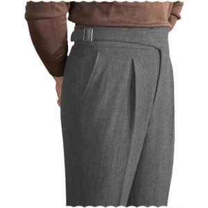 Men Trousers Vintage Tweed Blend Pants Herringbone Slim Fit Pleat-Front Pant (40W x 34L, Grey)