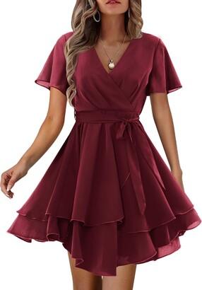 Amoretu Womens Swing Dress Vneck Short Sleeve Cute Ruffle Dresses (Burgundy, L)