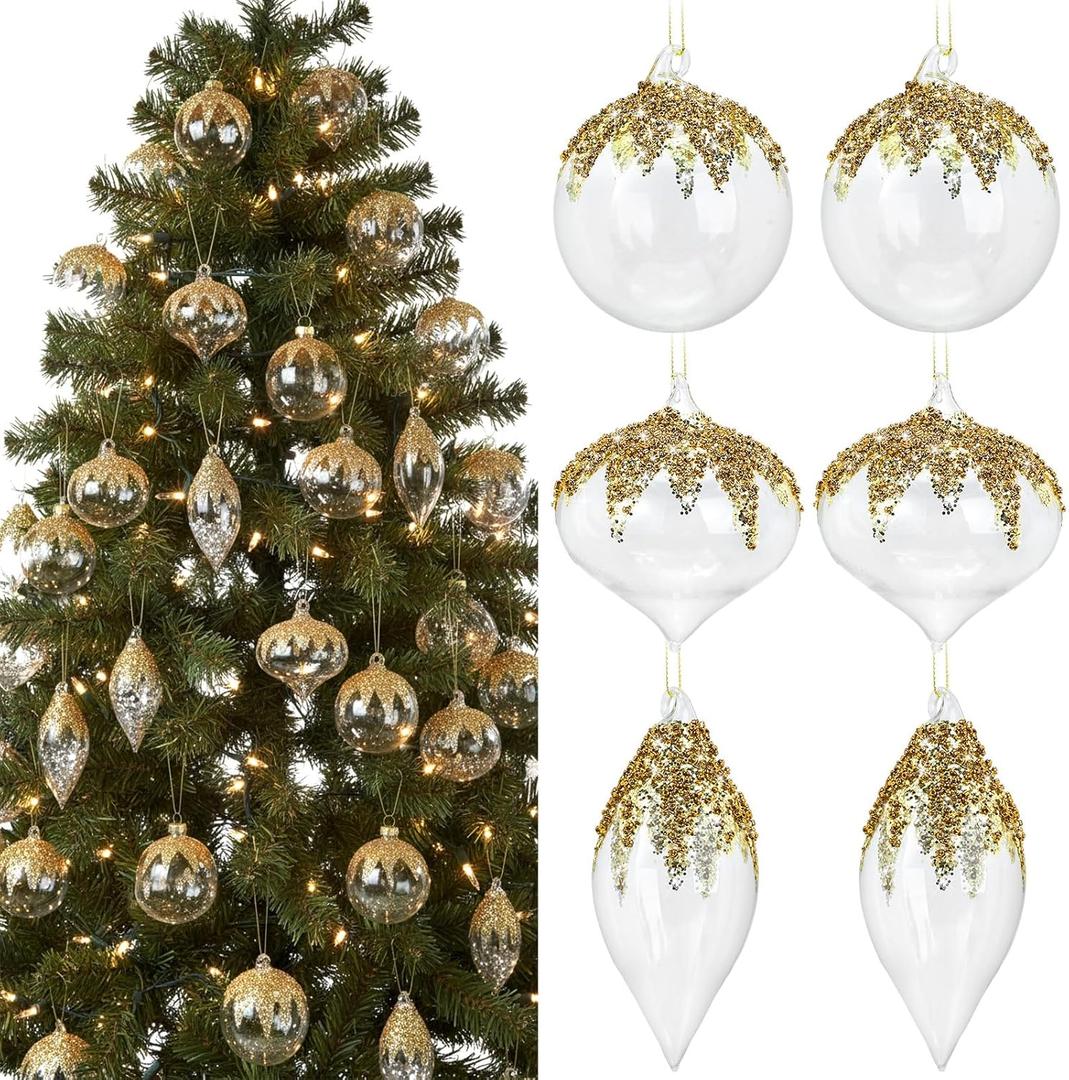 Yerliker 12 Pcs Clear Christmas Glass Ball Ornaments Gold Sequined Glitter Ball Christmas Tree Decorations Hanging Xmas Glass Baubles for Holiday Xmas Tree Wedding Party Decor