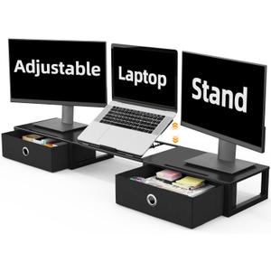 WESTREE Monitor Stand Riser with Adjustable Laptop Stand Riser, Steel Frame Dual Monitor Stand with Two Drawers for 2 Monitors, Desktop Oraganizer Stand for Computer,Laptop,Screen (Large)