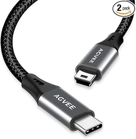 AGVEE 2 Pack 6.6ft USB-C to Mini USB Cable, Braided Durable Mini-B 5-Pin to Type-C Data Charging Charger OTG Cord for Hero 3+, PS3 Controller, Canon Nikon Camera, GPS, Blue Yeti, Dark Gray