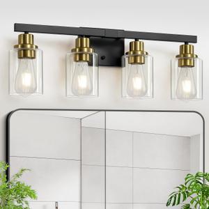 Bathroom Vanity Light, 4-Light Black and Gold Bathroom Light Fixtures with Clear Glass Shade, Bathroom Lighting Fixtures Over Mirror,Bath Black Wall Lights for Mirror Bedroom,Living Room