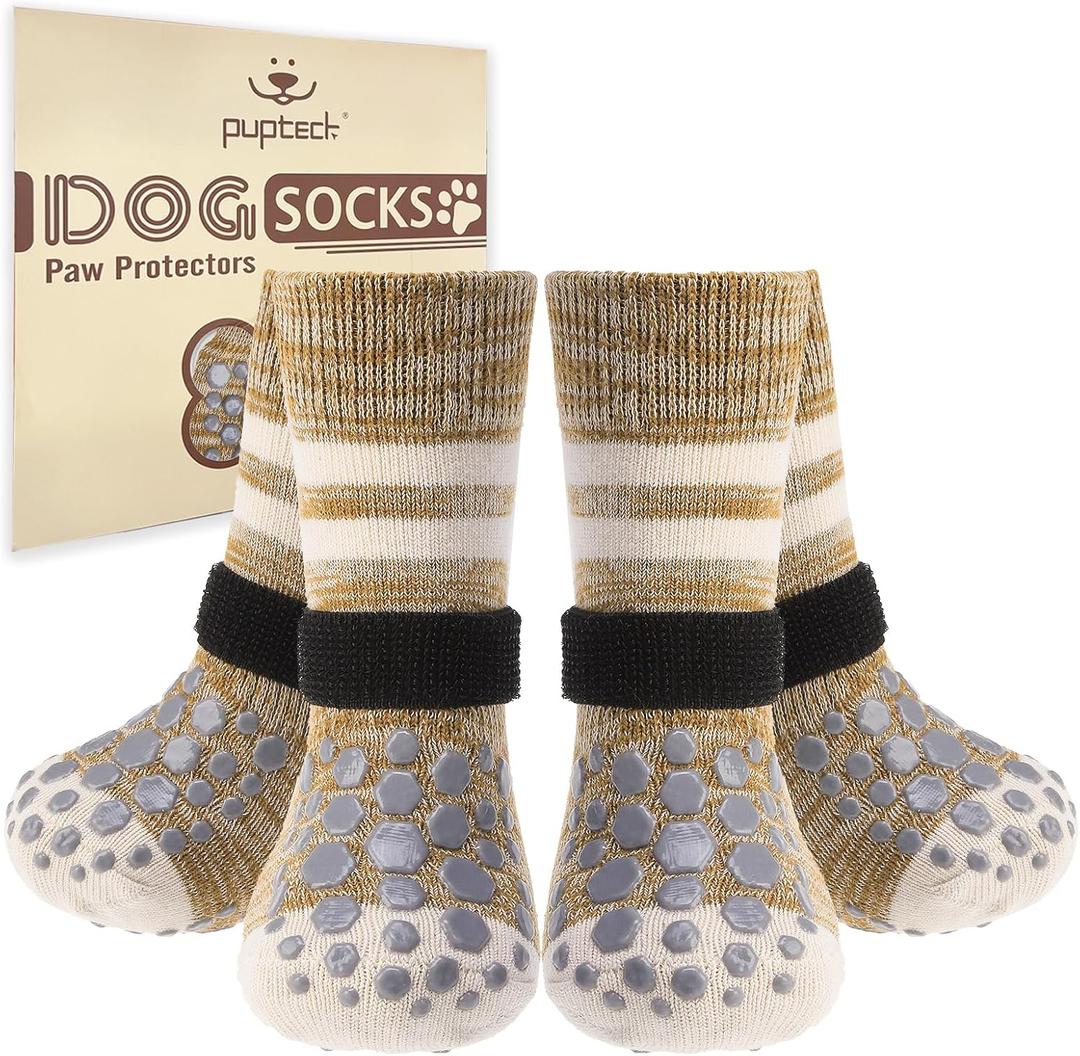 PUPTECK Non Slip Dog Socks to Prevent Licking for Hardwood Floors, Shoes for Hot Pavement Summer Small Medium Large Size Dogs Traction Control Booties Paw Protectors Boots Cold Winter (Medium(2 Pair), Khaki)