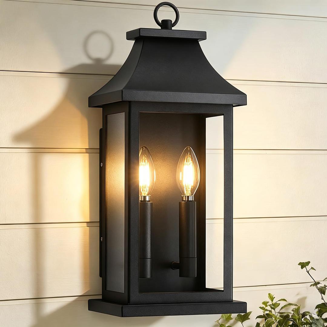Guliaofo Large Outdoor Wall Lights Outside Lights, Exterior Lighting Fixtures Wall Mount, Wall Sconce Light Outdoor Lanterns for Porch, Black 18 inch 2-Light, 2-Pack