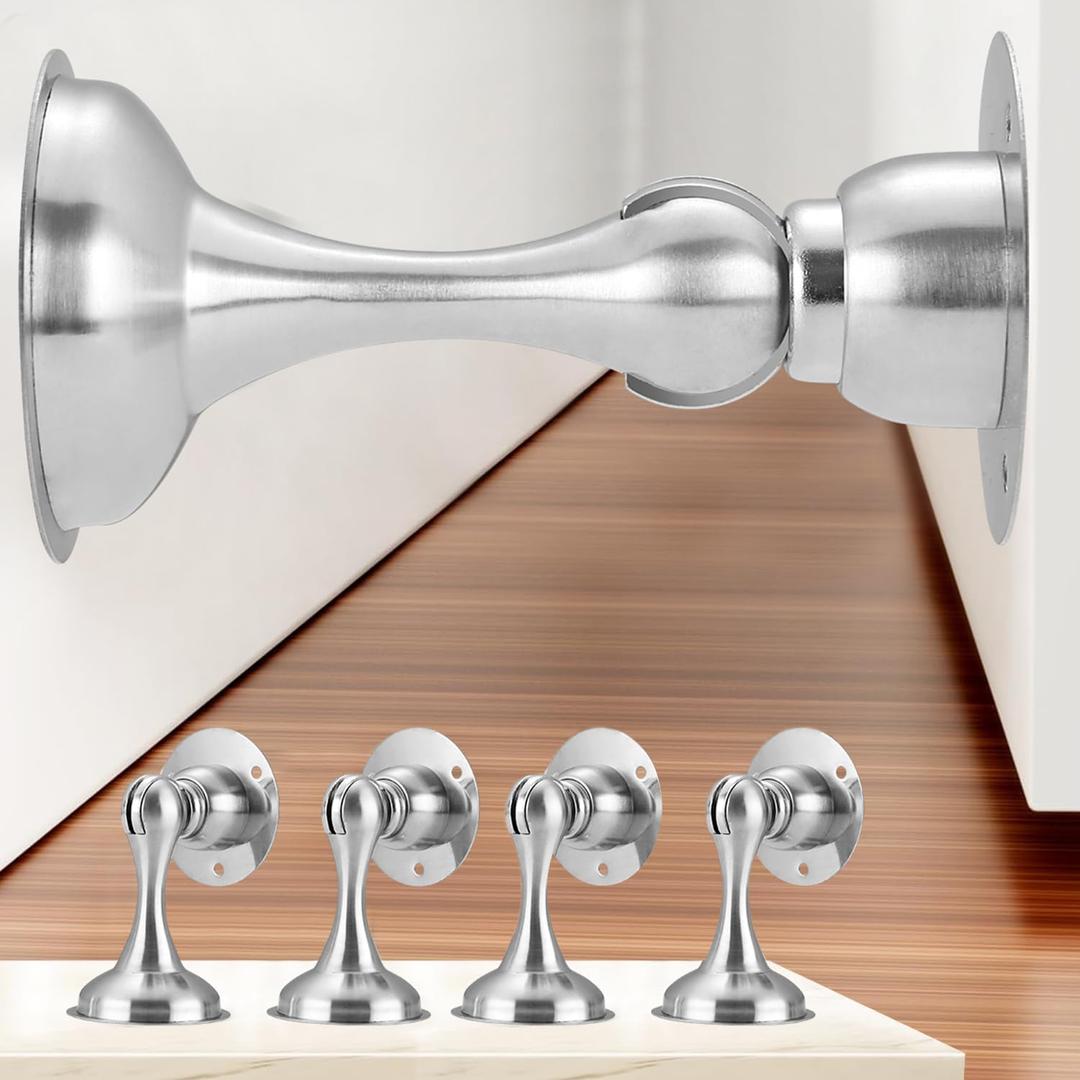 4 Pack Magnetic Door Stop No Drilling Door Stop with 3D Adhesive Tapes Keep Door Open Door Stainless Steel Screws for Stronger Mount (Silver)
