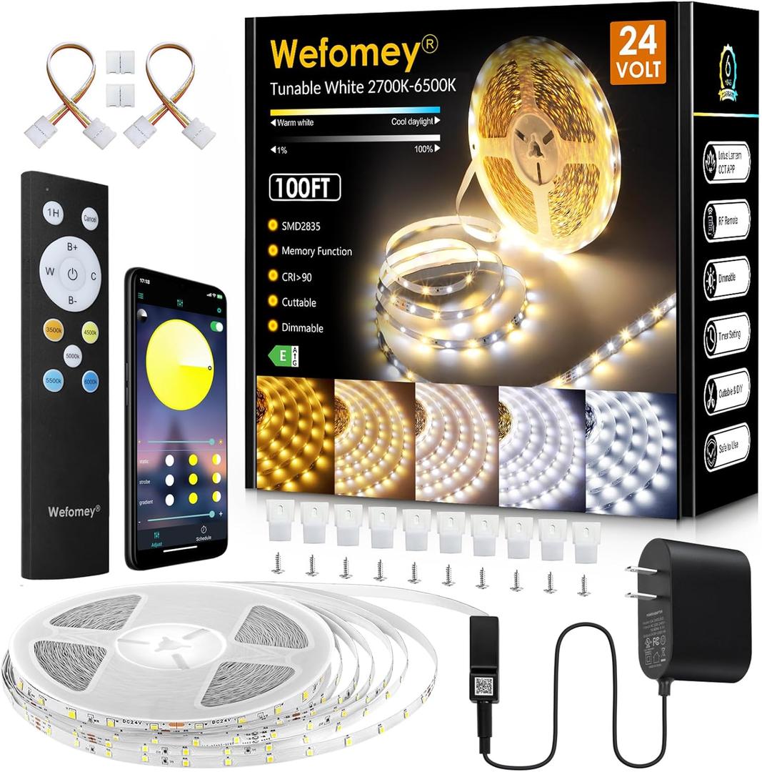 White LED Strip Lights, 100ft Dimmable Bright 24V Led Tape Light with Remote and App Control, 2700K-6500K White 1440 LEDs Lights for Bedroom, Kitchen, Ceiling (1 Roll of 100ft)