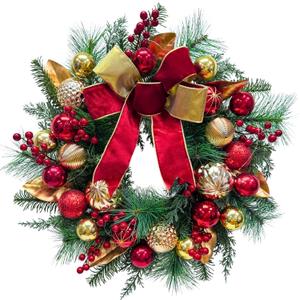 24 Inch Lighted Christmas Wreath Xmas Ball Wreath with Timer Glitter Christmas Ball Ornaments Red Berries Pine Needles and Red Bow for Outdoor Home Wall Window Holiday Decor