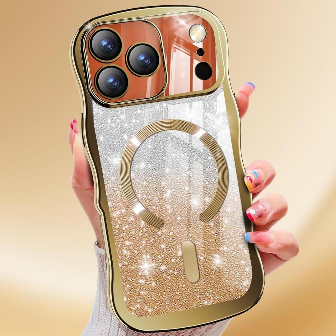 2 x Misscase for iPhone 17 Pro Max Case,with Privacy Screen Protector,Compatible with MagSafe,Bling Glitter Cute Curly Wave Border Phone Cover for Women Men, Drop Protection Anti-Slip Golden