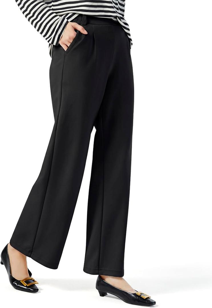 AFITNE Womens Wide Leg Work Pants High Waist Pull On Dress Pants Elastic Waistband Casual Slacks with Thick Fabric (Black) L