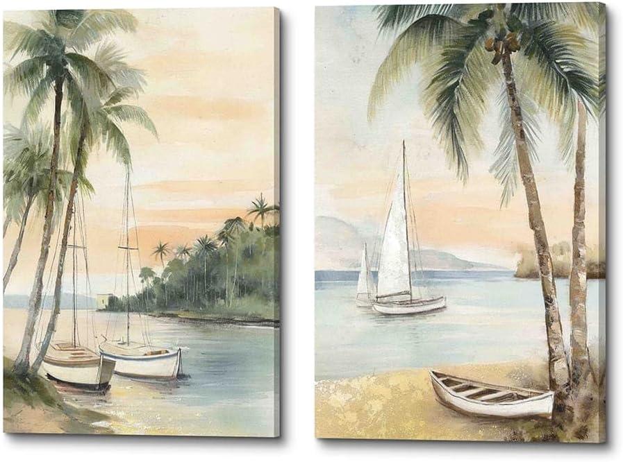 ArtSquare 2 Piece Sailboat Beach Wall Art: Palm Tree Coastal Pictures Ocean Nautical Seascape Prints Abstract boat Artwork for Bedroom Bathroom (11''x16''x2)