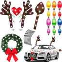 Cunno 3 Pack Christmas Reindeer Antlers Car Kit with LED Lights Christmas Car Decorations Light up Xmas Wreath Reflective Refrigerator Magnets Decals Auto Exterior Accessories