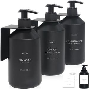 No Drill Wall Mount Shampoo and Conditioner Dispenser for Shower Gel Body Wash Soap Bottle Container Pump Black Refillable 3 Chamber Bottles, Bathroom Shampoo Dispenser for Shower Set Wall Mounted