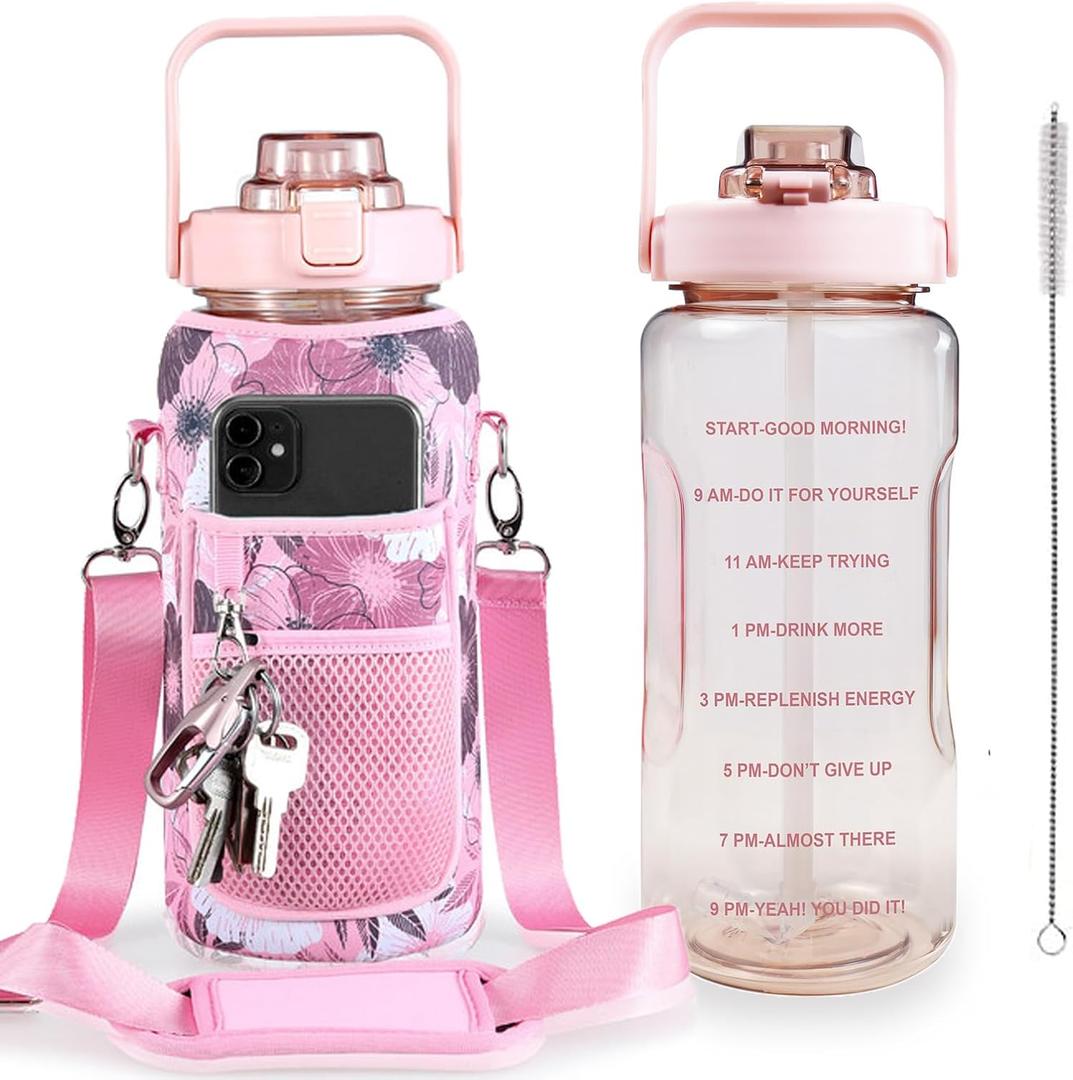 Half Gallon Water Bottle with Sleeve, 64OZ Motivational Water Bottle with Straw & Time Marker, BPA Free Leakproof Large Sports Water Bottle, Reusable Water Jug for Workout Gym Sport