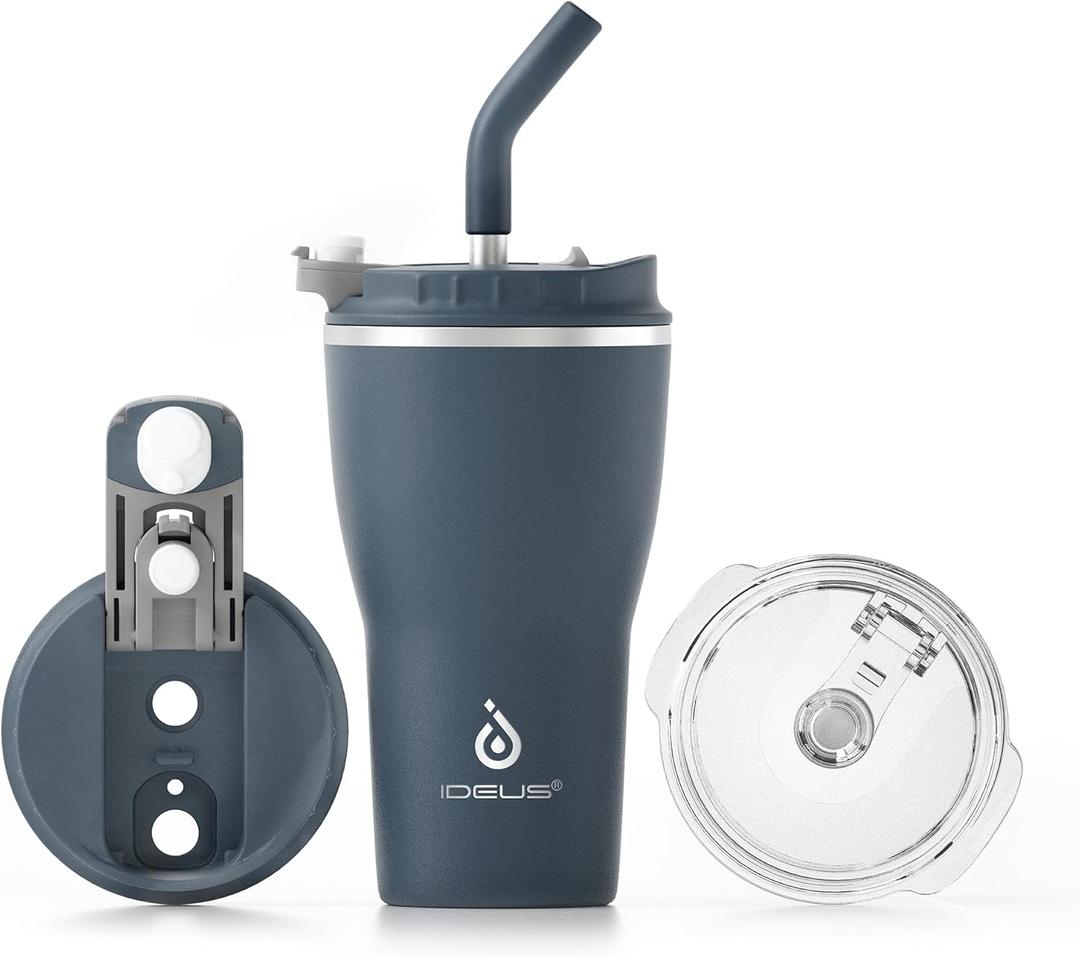 Ideus Insulated Tumbler with Lid and Straw 14 oz, Stainless Steel Double-Wall Vacuum Leak-Proof Travel Coffee Mug, Cup Holder Friendly, Navy Blue