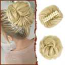 SOFEIYAN Claw Clip Messy Bun Hair Piece Wavy Curly Hair Bun Clip in Claw Chignon Ponytail Hairpieces Synthetic Tousled Updo Hair Extensions Scrunchie Hairpiece for Women (Golden/Bleach Blonde Mix)
