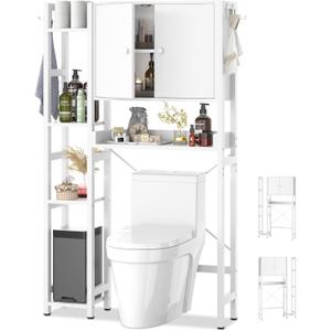 Over The Toilet Storage Cabinet with Doors - 7 Tier Bathroom Organizer with Adjustable Shelf, Freestanding Space Saver Rack Above Toilet Stand with 4 Hooks for Bathroom, Restroom, Laundry, White