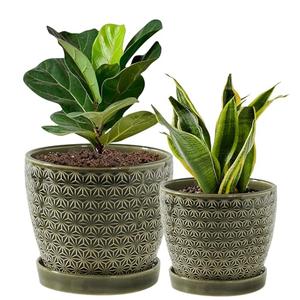 Swkien Plant Pots, Flower Pots, Planters for Indoor Plants(6.5+5.5 Inch), Flower Pots for Indoor Plant with Drainage Hole and Saucer, Ceramic Pots for Plants with Hole Mesh Pad,Reactive Glaze Green  