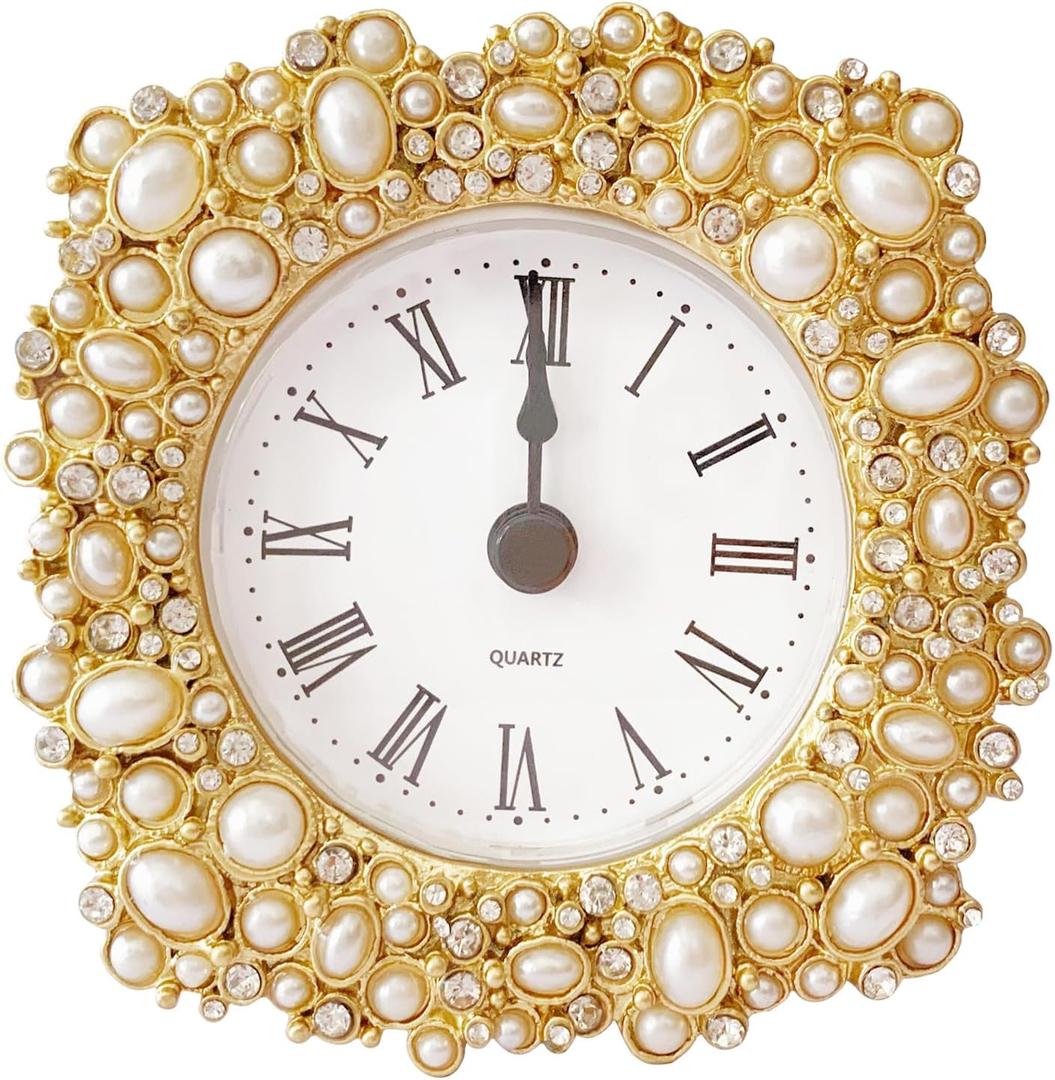 Silent Mini Vintage Analog Table Clock with Faux Pearls Metal Body and Battery Operated Non-Ticking Core for Shelf, Bedroom, Bedside, Desk, Gift Clock