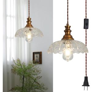 Plug in Pendant Light Industrial Pendant Lighting with Plug in Cord 9.8ft Hanging Lamps Clear Glass Shade Bronze Light Fixture for Living Room Kitchen Dining Room Bedroom (Gold)