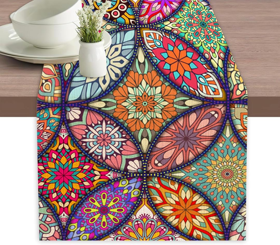 Table Runner Vintage Boho Mandala Flower Table Runners Summer Seasonal Kitchen Dinning Decor for Indoor Outdoor Holiday Home Wedding Party 13x70 Inch, 13 inches by 70 inches