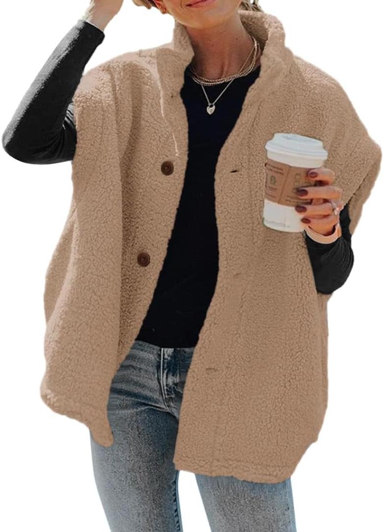 Hongqizo Womens Fuzzy Fleece Vest Casual Oversized Warm Button Down Sherpa Vest Jacket with Pockets (Large, Khaki)