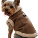 Retro Aviator Dog Jackets Faux Leather Winter Coats with Sherpa Fleece Lining for Dogs, Warm Windproof Pilot Style Doggy Clothing for Small, Medium Puppy, Pet Motorcycle Costume, Coffee, Size S