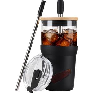 Glass Tumbler with Lids and Straws, 20 oz Iced Coffee Cup and Smoothie Cup with Bamboo Lid and On the go Lid,Glass Cups With Straws (Black)