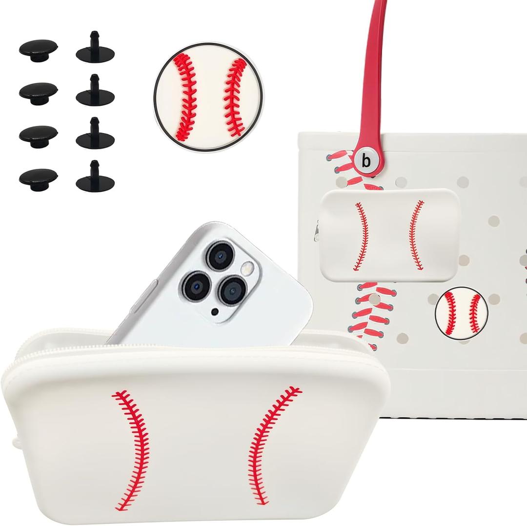 Baseball Silicone Zipper Pouch for Bogg Bag  Includes 1 Baseball Charm, Large-Capacity Phone Holder Organizer Insert for Most Rubber Beach Bags, Easy to Install Baseball Silicone Zipper Pouch for Bogg Bag  Includes 1 Baseball Charm, Large-Capacity Phone Holder Organizer Insert for Most Rubber Beach Bags, Easy to Install